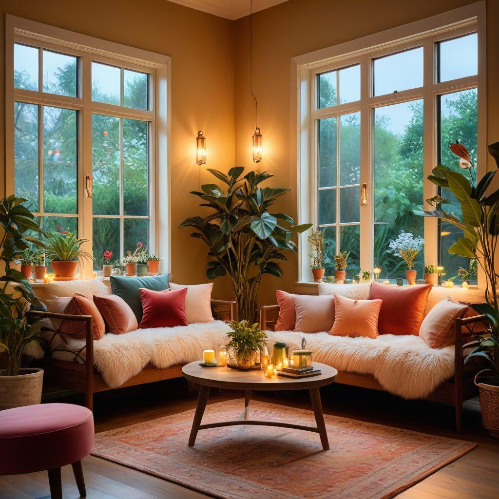 A cozy, inviting living space adorned with soft lighting, plush seating, and vibrant plants. Incorporate warm colors, romantic decor elements like candles and fairy lights, and a small table set for two, exuding an atmosphere of love and togetherness. Illustrate large windows letting in natural light, with a view of a serene garden. super-realistic. vibrant colors. warm tones.
