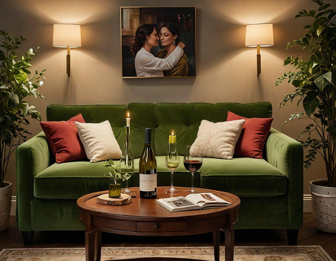 A cozy, intimate living room setting with a couple sitting together on a plush sofa, surrounded by soft, warm lighting, candles, and plants. The walls adorned with personal photos and artwork that reflect their journey. A small table in front with a bottle of wine and two glasses, evoking a sense of tranquility and joy. The atmosphere feels intimate and inviting, emphasizing connection and warmth. super-realistic. vibrant colors. soft lighting.