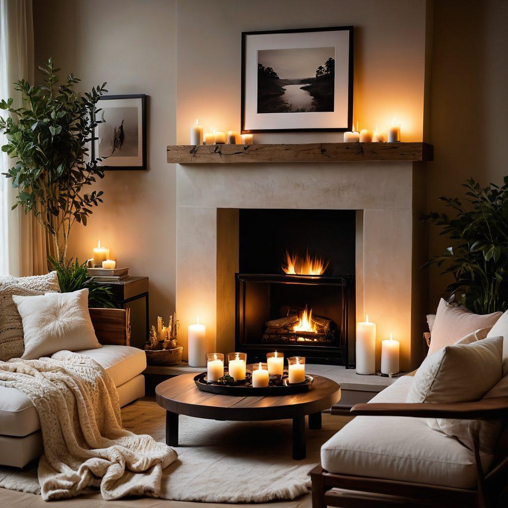 A cozy living room setting with soft lighting, featuring a beautifully arranged couple's seating area adorned with plush pillows and warm textured blankets. Include stylish greenery and a softly crackling fireplace in the background, radiating a warm ambience that invites togetherness. The color palette should be a blend of soothing earth tones and soft pastels to evoke sensuality and comfort. Include personal touches like framed photographs and candles to enhance intimacy. super-realistic. warm colors. inviting atmosphere.